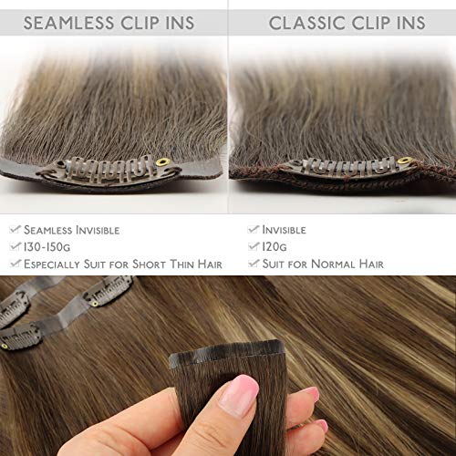 Image of WENNALIFE Seamless Clip In Hair Extensions, 18 Inch 130g 7pcs Balayage Chocolate Brown to Caramel Blonde Hair Extensions Clip in Human Hair Invisible PU Skin Weft Natural Remy Human Hair Extensions