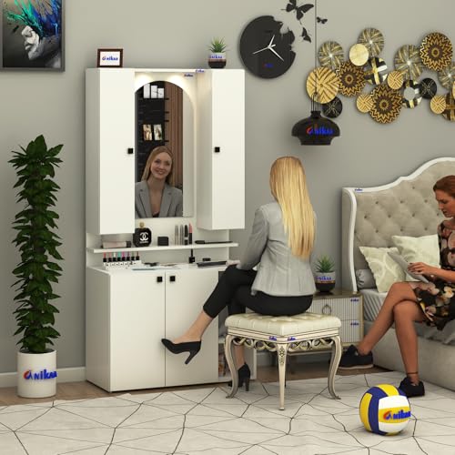 Image of Anikaa Opulex Engineered Wood Dressing Table with Mirror Cabinet, LED Lights, Storage Shelves & Back Panel - Wall Mounted Makeup Vanity & Organizer for Bedroom -(White) DIY Installation