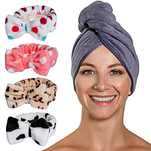 Microfiber Hair Towel for Curly Hair-and Thick Long Wavy Hair, Set of 2 Hair Towel wrap for Women and Men with 4 Makeup Headband