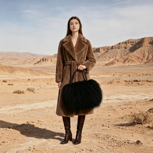 Image of Women Luxury Real Lamb /Mongolian Flush Wool Fur With Genuine Leather Handles Handbag