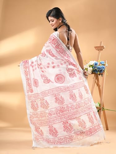 Image of WoodenTant Women's Linen Slab Cotton Blend Block Print Saree with Blouse Piece | Traditional Soft Saree (6.5m Length, 1.2m Width)