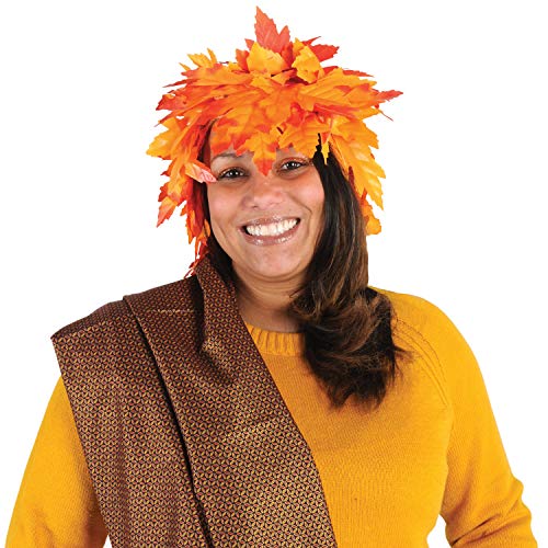 Beistle Fall Leaf Wig, Autumn Thanksgiving Headwear & Fall Costume Parade Accessories, Harvest Cosplay Hat, Orange & Yellow Fabric Leaves, One Size