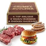 Top 10 Picks for the Best One-Time Meat Delivery Box 3 Grumpy Butcher Chef-Crafted Grilling Meats Bundle – 4 Top Sirloin Steaks (6 oz), 2 Wagyu Beef Hamburger Patties (½ lb each) & 6 Chicken Sausages (4.6 lb total) – Frozen Gourmet BBQ Sampler Gift Box for Holiday