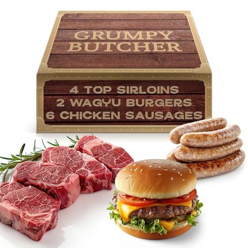 Grumpy Butcher Chef-Crafted Grilling Meats Bundle – 4 Top Sirloin Steaks (6 oz), 2 Wagyu Beef Hamburger Patties (½ lb each) & 6 Chicken Sausages (4.6 lb total) – Frozen Gourmet BBQ Sampler Gift Box for Holiday
