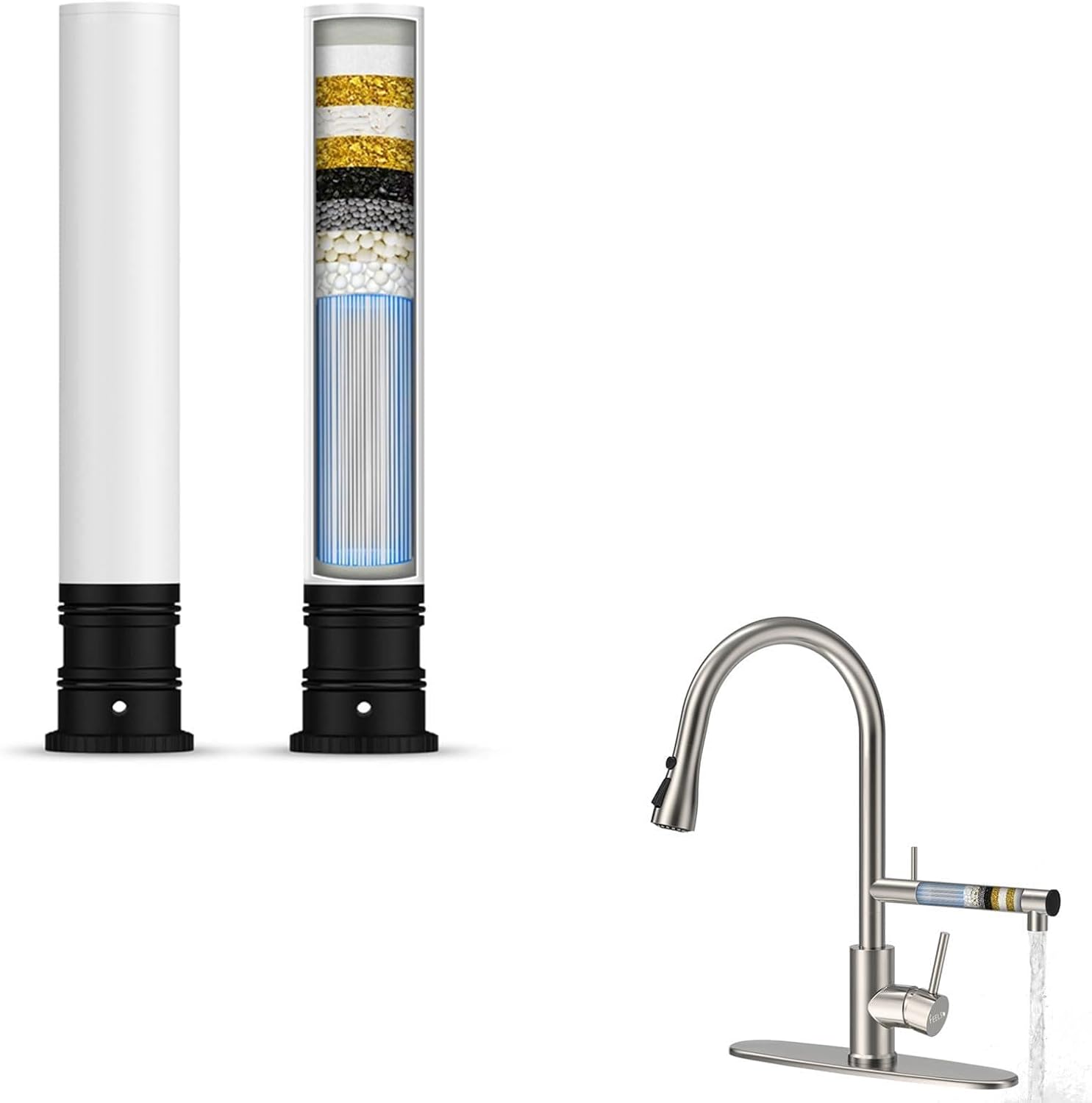 FEELSO Kitchen Faucets with Filter + 2 Pack Replacement Filters