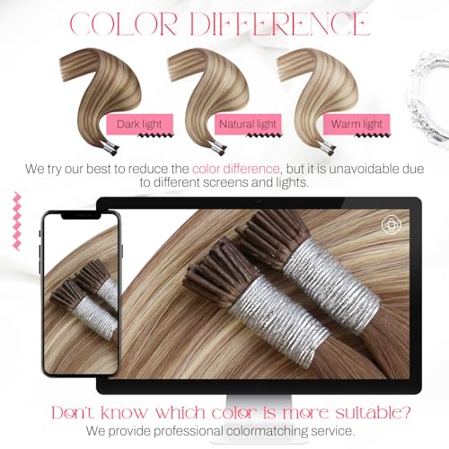 Image of Moresoo Itip Human Hair Extensions, Sun-Kissed Blonde Light Brown, 14 Inch | 40g 50 strands, stick-tip design for micro ring installation, itip human hair extensions for weddings and styled looks