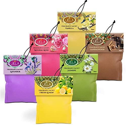 Non Woven Natural Colored Fabric Sachets Set of 6 in Premium & Pure Fragrance Lavender, Sandal, Jasmine, Rose, Vanilla and Fresh Lemon