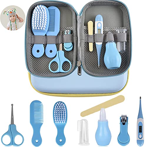 SHEANAON 8 Pcs Baby Care Kit Newborn Baby Kids Health Care Set Young Kids Care Kit Baby Grooming Kit Nail Clipper Thermometer Grooming Brush Kit Zipper Box Packaging Blue