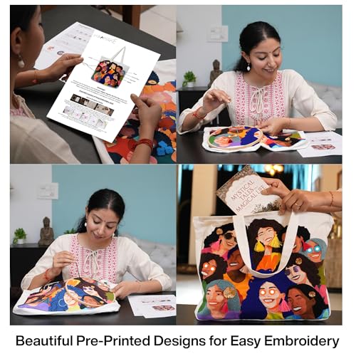 Image of picknMAKE Hand Embroidery Kit for Beginners, DIY Embroidery Tote Bag Kit for Women, College Girls & Office Use | Tote Bag Art & Craft Kit with All Materials | 16x16 Inch Zipped Canvas Bag