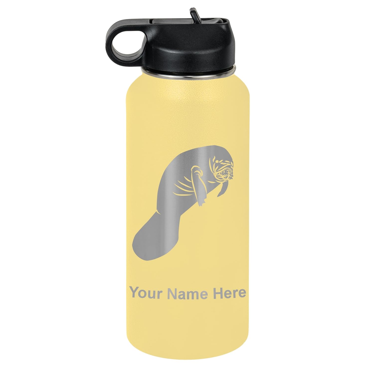 LaserGram Personalized Water Bottle, Manatee, Stainless Steel Double Wall Vacuum Insulated with Flip Top Straw, Custom Engraved Gift (32oz / 950ml