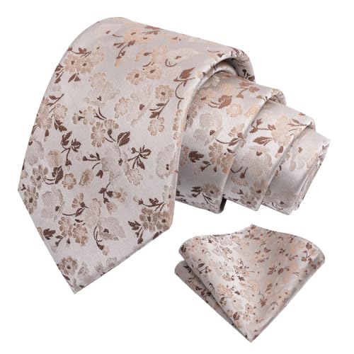 Alizeal Mens 3.15inches Chic and Refreshing Flower Patterned Tie with Floral Printed Pocket Square Khaki+Brown
