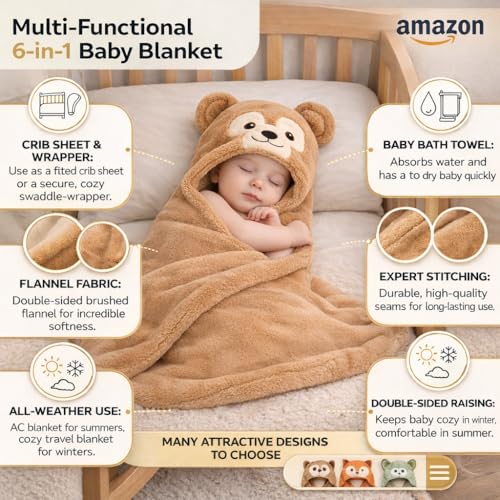 Image of First Kick New Born Baby Blanket Pack of Super Soft Bathrobe Wrapper Bath Towel for Boys, Girls, Babies (Beige, Length 82 cm x Width 82 cm, 0-12 Months)