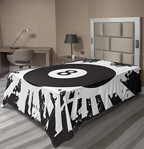 Lunarable Billiard Flat Sheet, Grungy Monochrome Design with Lucky Magic 8 Ball and Splashes, Soft Comfortable Top Sheet Decorative Bedding 1 Piece, Twin Size, White Charcoal