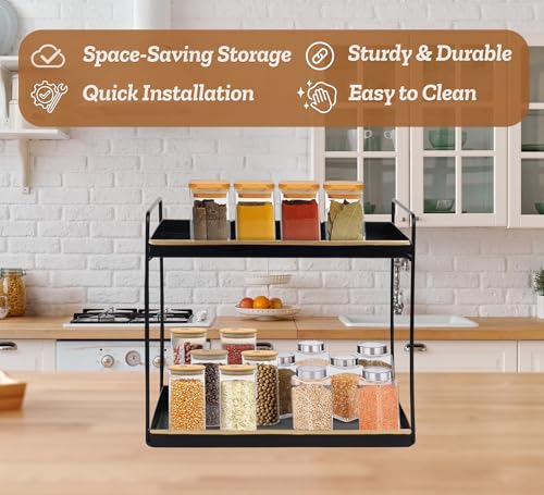 Image of Niyara Iron Metal Heavy Duty Stand 2-Tier multistorage /Multipurpose Standing Rack, Bathroom Countertop Storage Shelf Cosmetic Organizer Holder Kitchen Spice Rack, (Square Black with Gold)