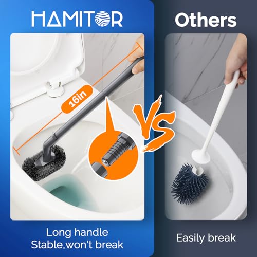 Image of HAMITOR Toilet Plunger and Brush Set for Bathroom Cleaning with Extented Handle - Heavy Duty Toilet Plunger Combo Accessories with Caddy Stand Holder for Small Space - Gray