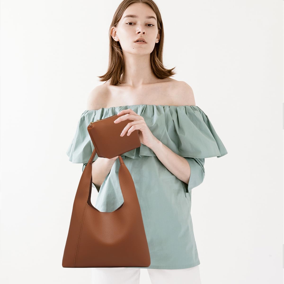 Slouchy Hobo Tote Bags for Women - Retro PU Leather Shoulder Handbag Purse Large Capacity 2pcs - Image 2