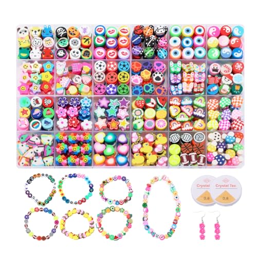 HSONAIGEE 500 Pieces Polymer Clay Beads for DIY Jewelry Making, 24 Style Cute Clay Bead Animal Beads Flower Football Sports Beads Charms for Bracelets Necklace Crafts Kits for Adults Women
