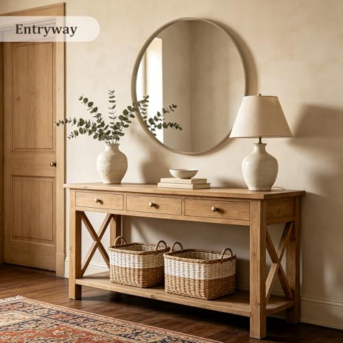Image of WallBeyond Round Wood Mirror, 40 inch Round Modern Decoration Large Circle Wall Mirror for Bathroom Living Room Bedroom Entryway, Natural