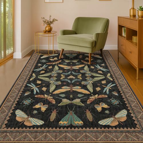 Insect Print Washable 4x6 Entryway Rug - Non-Slip Low Pile Area Rug for Large Kitchen, Bedroom, Office - Ultra Soft Aesthetic Decor, Black & Brown 4'