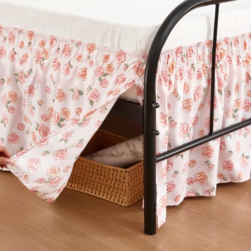 RIMELA Pink Rose Floral Bed Skirts with Split Corners Queen Size 15 Inch Drop,Elastic Bed Skirting Wrap Around, Easy Install Dust Ruffles Soft Fabric Machine Washable