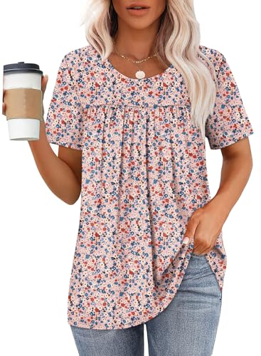 WIHOLL Womens Tops Short Sleeve T Shirts Pleated Dressy Casual Round Neck Summer Clothes Outfits Blouses Loose Fit2