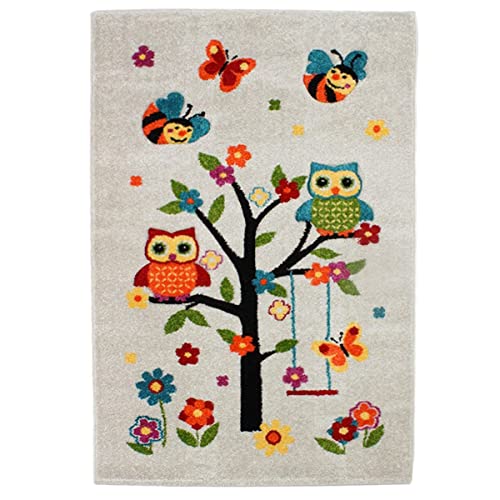 Thedecofactory Tapis Enfant Toucher Laine Doux imprimé Chouettes écru 100x150