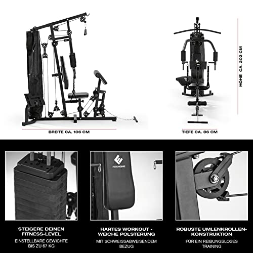 Kraftstation | Multifunktions-Homegym für den ganzen Körper | Gewichte bis zu 67 kg einstellbar, mit Latzugstange, Beinpresse, Bizepscurl-Polster u.v.m. | Hochwertiges Stahlmaterial – Bild 5