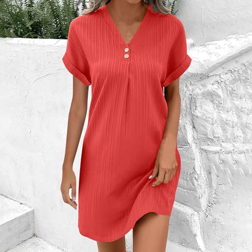 Women V Neck Short Sleeve Dress Casual Trendy Henley Neck Loose Summer Solid Lightweight Beach Vacation Mini Dress2