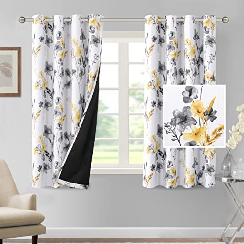 H.VERSAILTEX Cortinas 100% opacas de 63 pulgadas de largo, juego de 2 paneles con estampado floral Cattleya, cortinas térmicas florales para dormitorio con forro negro, cortinas a prueba de sonido,