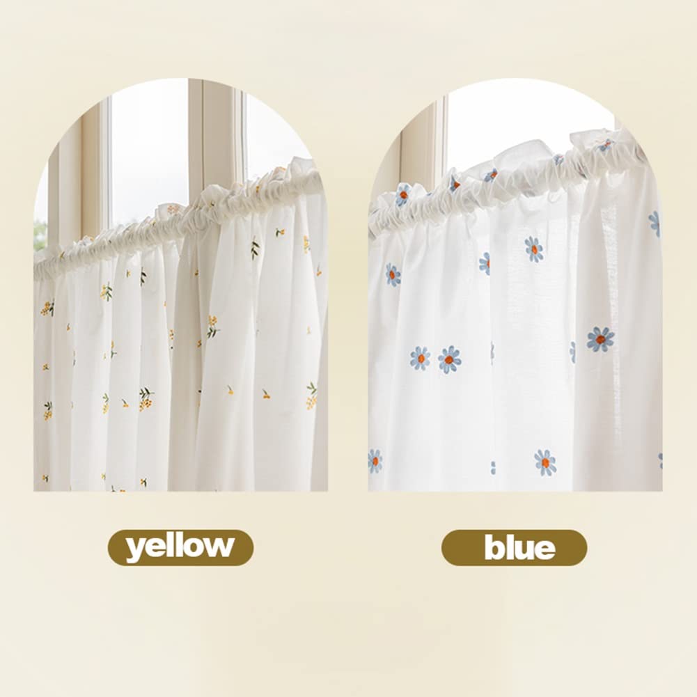 Rideau brodé de Fleurs françaises avec Volants, Rideau Court de Cuisine en Coton Rustique pour Salle de Bain, bistrot, Demi-Rideau pour Petites fenêtres (Color : Jaune, Size : WxH 135x140cm/53x55in