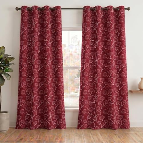 Image of Home Sizzler Ginkgo Leaf Eyelet Polyester Semi-Transparent Door Curtains - 7 Feet, Pack of 2, Deep Wine