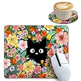 Black Cat Flower Square Mouse Pad for Desk 10.2 x 8.6 Inch, Comfortable Gaming Cute Mousepad for Lap