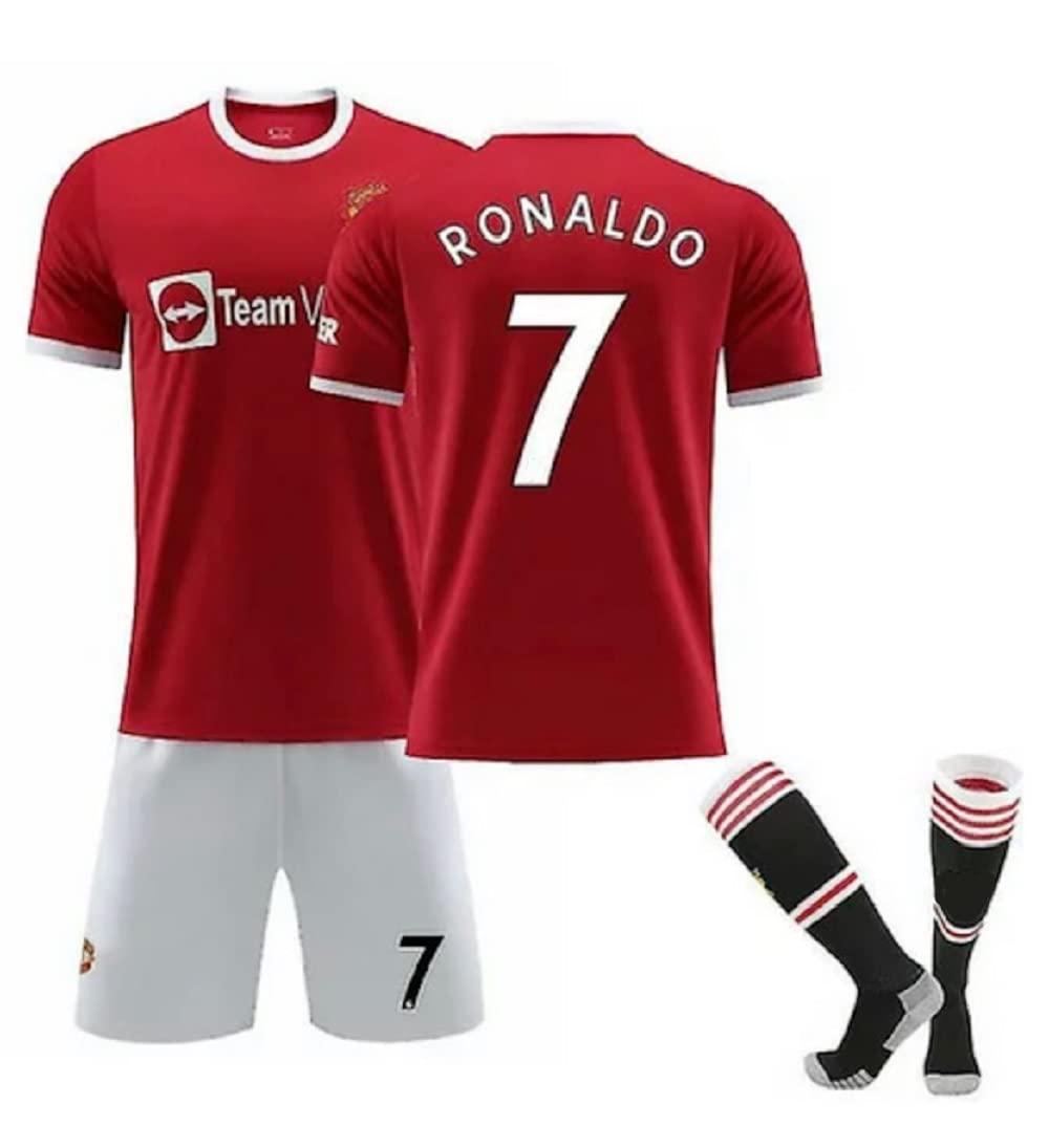 Manchester Red Home Ronaldo Soccer Kids Set (Jersey + Shorts + Socks) Kit Size Large (10-11 Years Old) for Youth
