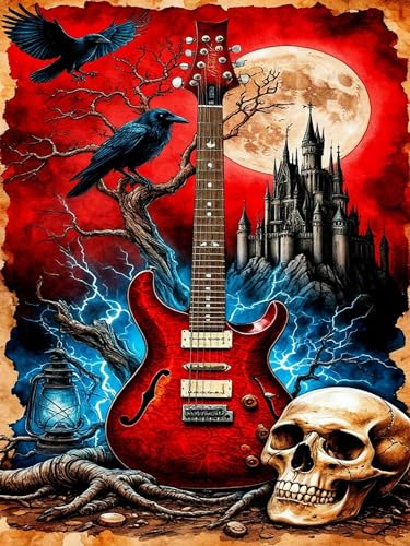Zythron Diamond Art Kits for Adults, Gothic Castle Guitar Skull Diamond Painting Kits for Adults Beginners, Full Drill DIY 5D Halloween Crow Diamond Painting Gem Art Kits for Home Wall Decor 12x16 in