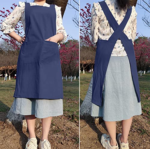 Cotton Cross Back Aprons Solid Color Cook Kitchen Garden Square Smock For Women Girls With Pockets (Navy Blue, 37Wx 32L) #TOP2