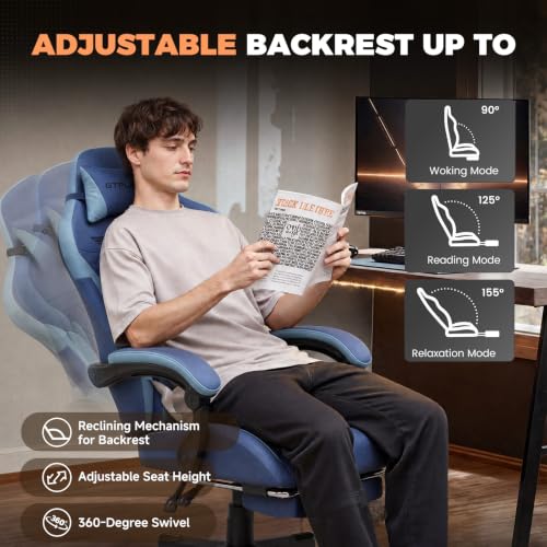 Image of GTPLAYER Gaming Chair with Footrest, Ergonomic Office Chair 400lbs Heavy Duty, Big and Tall Computer Desk Chair with Lumbar Support and Headrest, Breathable Tech Fabric, 90-155 Recline Blue