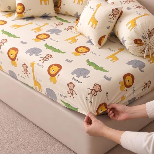 Image of Filymore Kids Elastic Fitted Diwan Set with 1 Fitted Diwan Sheet, 5 Cushion Covers & 2 Bolster Covers | Animal Print Microfiber Diwan Cover Set | Soft Breathable Bedding for Living Room