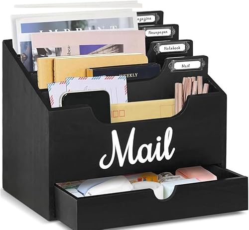 Organizador de correo de escritorio de madera, organizador de correo para encimera con 4 compartimentos y cajón, soporte organizador de correo de