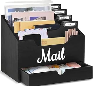 Wood Desktop Mail Organizer, Mail Organizer Countertop with 4 Compartments and Drawer, Wood Mail Holder Sorter Organizer Holder for File Letter Paper Folder, Black Wooden Desk Organizer