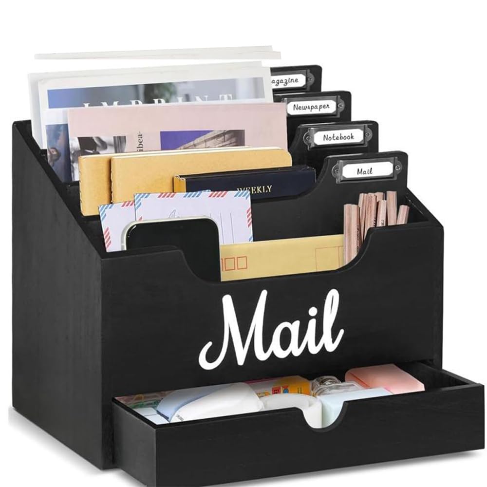 Organizzatore di Posta da Scrivania in Legno con 4 scomparti e cassetto, Organizzatore per Cartelle di Carta e Lettere, Organizer per Cartelle per Scrivania per Lettere Cancelleria, Nero