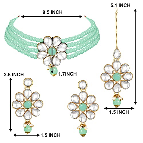 Aheli Gold Plated Mint Green Kundan Pearl Floral Necklace Jewellery Set by Aheli - Used condition - Image 2