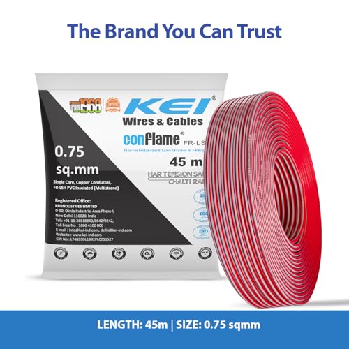Image of KEI CONFLAME FRLSH 0.75 sqmm 1 Core Copper Heat Resistant Flame Retardant Low Smoke & Halogen - Lead Free House Wire for Domestic & Industrial Electrical Wiring (Red, 45 Meters)
