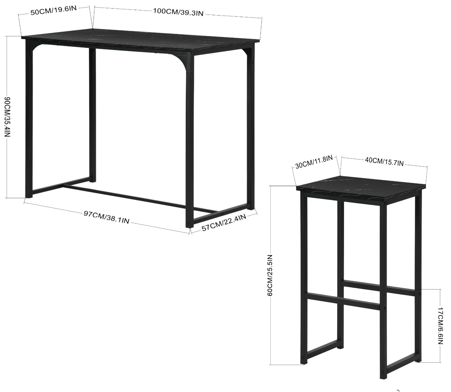 Table de Bar avec 4 Tabourets, Table Haute Cuisine, Table a Manger avec 4 Chaises, Table Haute 100 × 50 × 90 CM, 4 Tabourets 30 × 40 × 65 CM, Noir