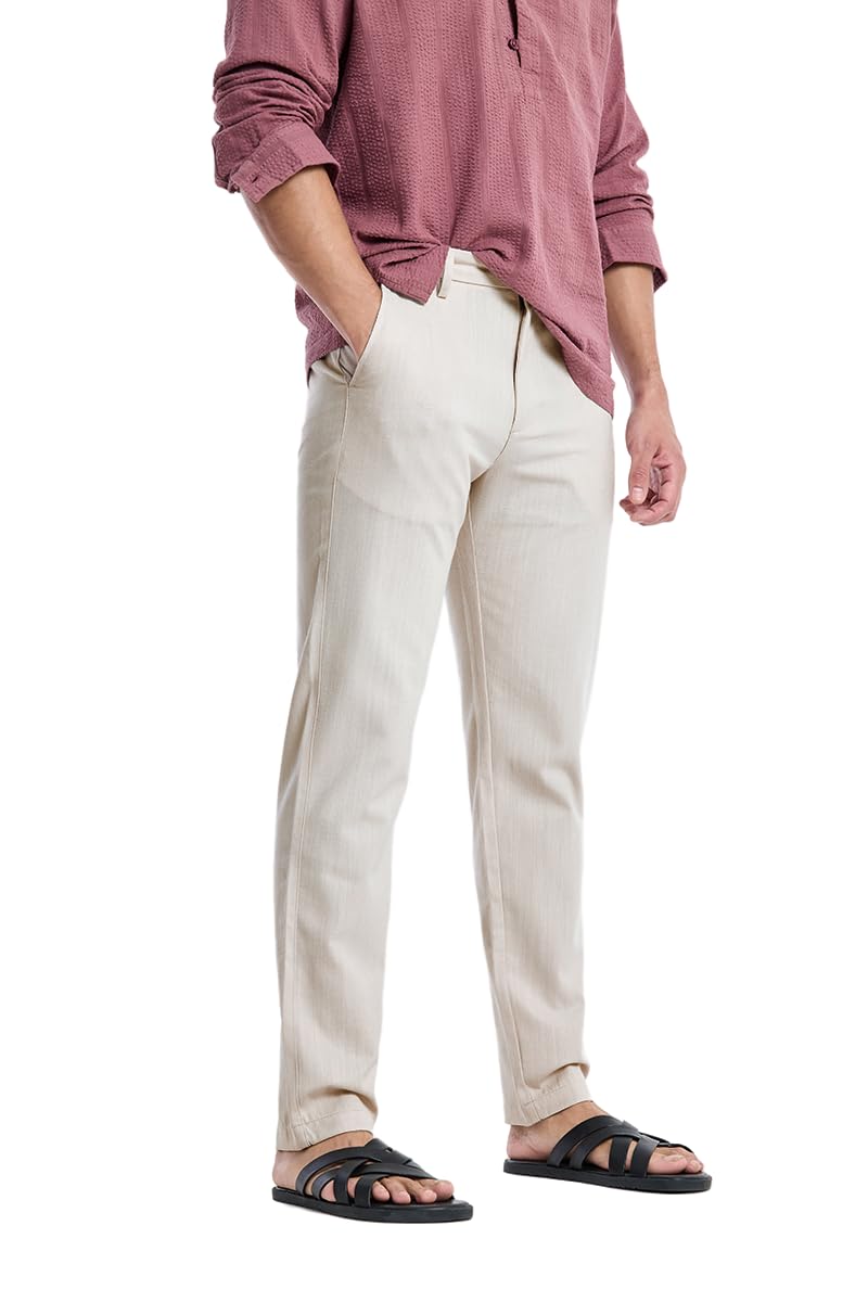 men straight leg | textured solid slub plain front mid rise | polyester cotton blend woven regular fit button & zipper office wear smart casual pants
