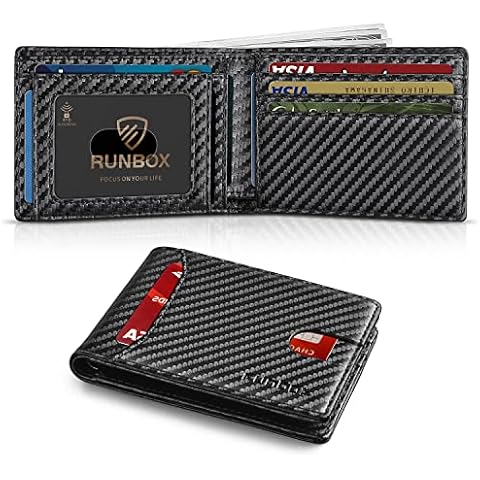 RUNBOX Wallet for Men Slim 11 Credit Card Holder Slots Leather RFID Blocking Small Thin Men's Wallet Bifold Minimalist Front Pocket Large Capacity Gift Box Carbon Black Cover