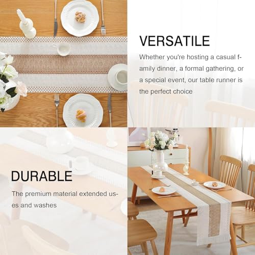 Image of Macrame Table Runner for Dining Table (12x72 Inch) - Boho Farmhouse Cotton Runner for Center Table & Home Decor - Heat Resistant, Handwoven Rustic Design (Brown /Ivory)