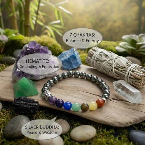 Image of Young & Forever 7 Chakra Healing Crystal Beads Bracelet for Men & Women - Natural Lava Rock & Onyx Stone Reiki Energy Yoga Meditation Bracelet with Hamsa Hand, Buddha, & Evil Eye Charms