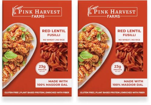 Image of Pink Harvest Farms Red Lentil Pasta | No Rice - No Maida | Vegan | Gluten Free | High Protein | (Red Lentil Fusilli Pasta, 200 g (Pack of 2))