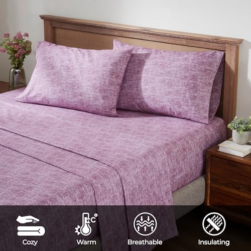 Image of Superior Melange Flannel Cotton Sheet Set, Ultra-Soft Brushed Sheets, Modern, Farmhouse Bedding, Basics, Includes; Flat Sheet, Elastic Deep Pocket Fitted Sheet, Pillowcase, Twin XL, Fig Plum