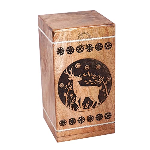 Image of Handcrafted Floral Engraved Wooden Urns for Human Ashes Adult Large - Buck Deer Cremation Urn for Ashes - Burial Urn for Columbarium - Funeral Urn Box (250 LB - Hardwood, Design-1)